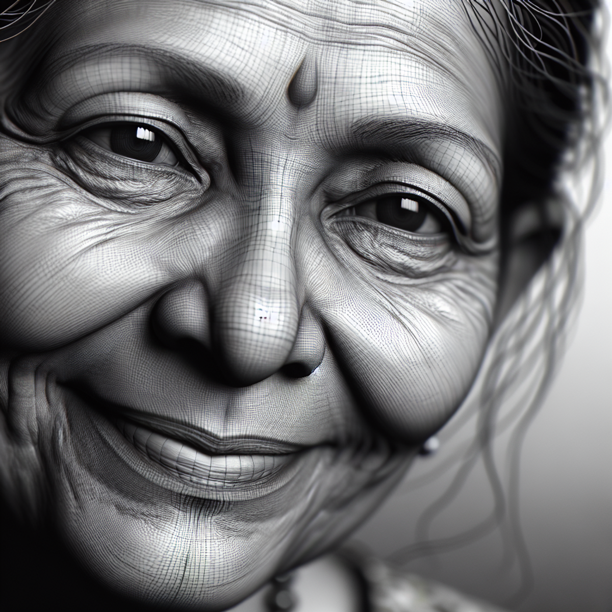 A South Asian woman with a complex expression that conveys a mix of joy and nostalgia.