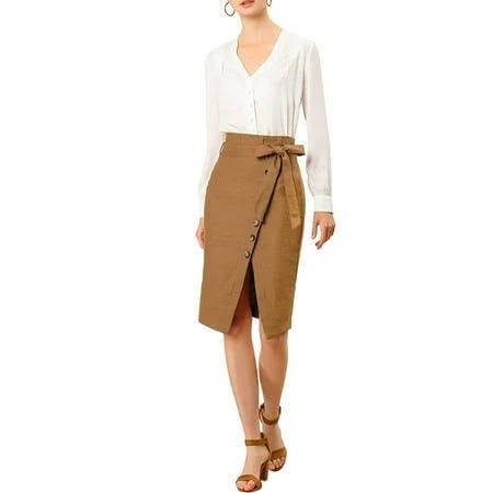 Split Belted Vintage Midi Pencil Skirt in Dark Brown | Image