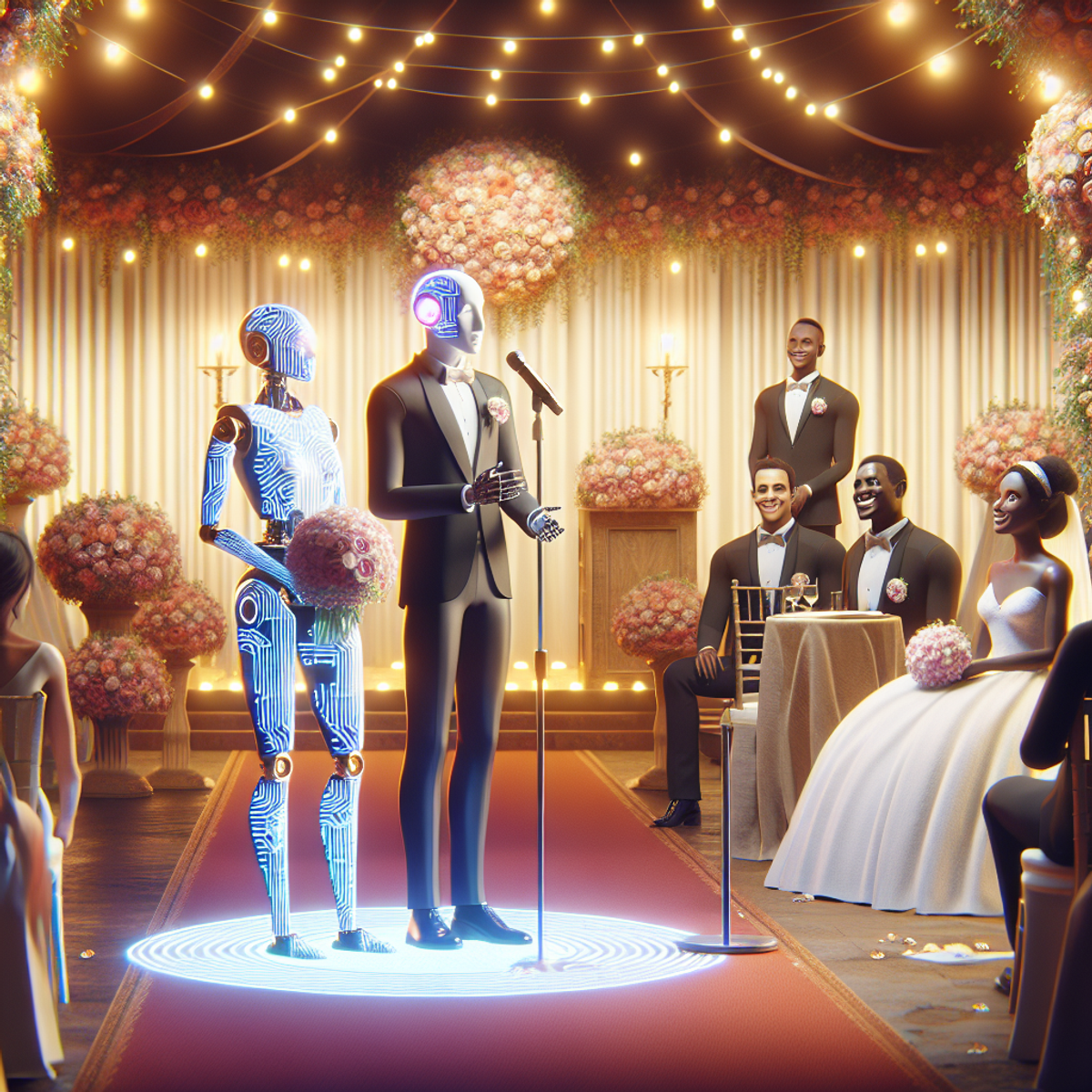 A humanoid robot designed in an elegant and pleasant manner stands holding a microphone on a beautifully set up wedding stage with elaborate floral decorations and soft ambient lighting. On the other side, a newly married couple, a Black man and a Middle-Eastern woman, both gleaming with joy, listen intently.