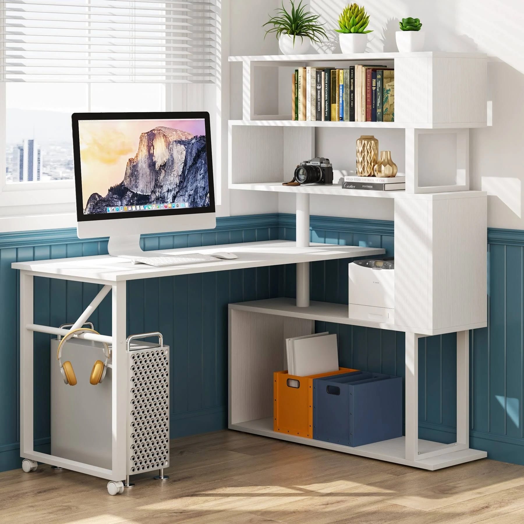 Rotating L-Shaped Bookshelf and Computer Desk | Image
