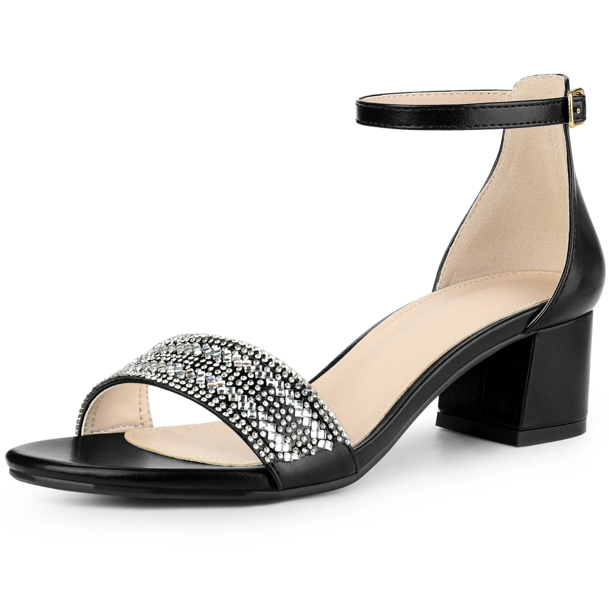 Glamorous Black Ankle Strap Rhinestone Heels | Image