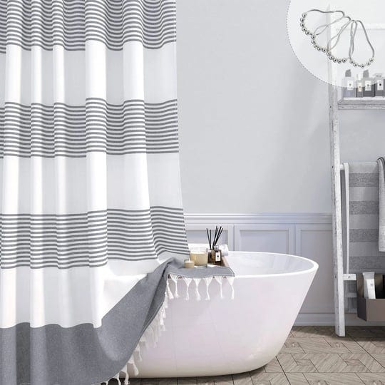 dynamene-modern-farmhouse-fabric-shower-curtain-boho-grey-and-white-striped-cotton-cloth-tassel-show-1