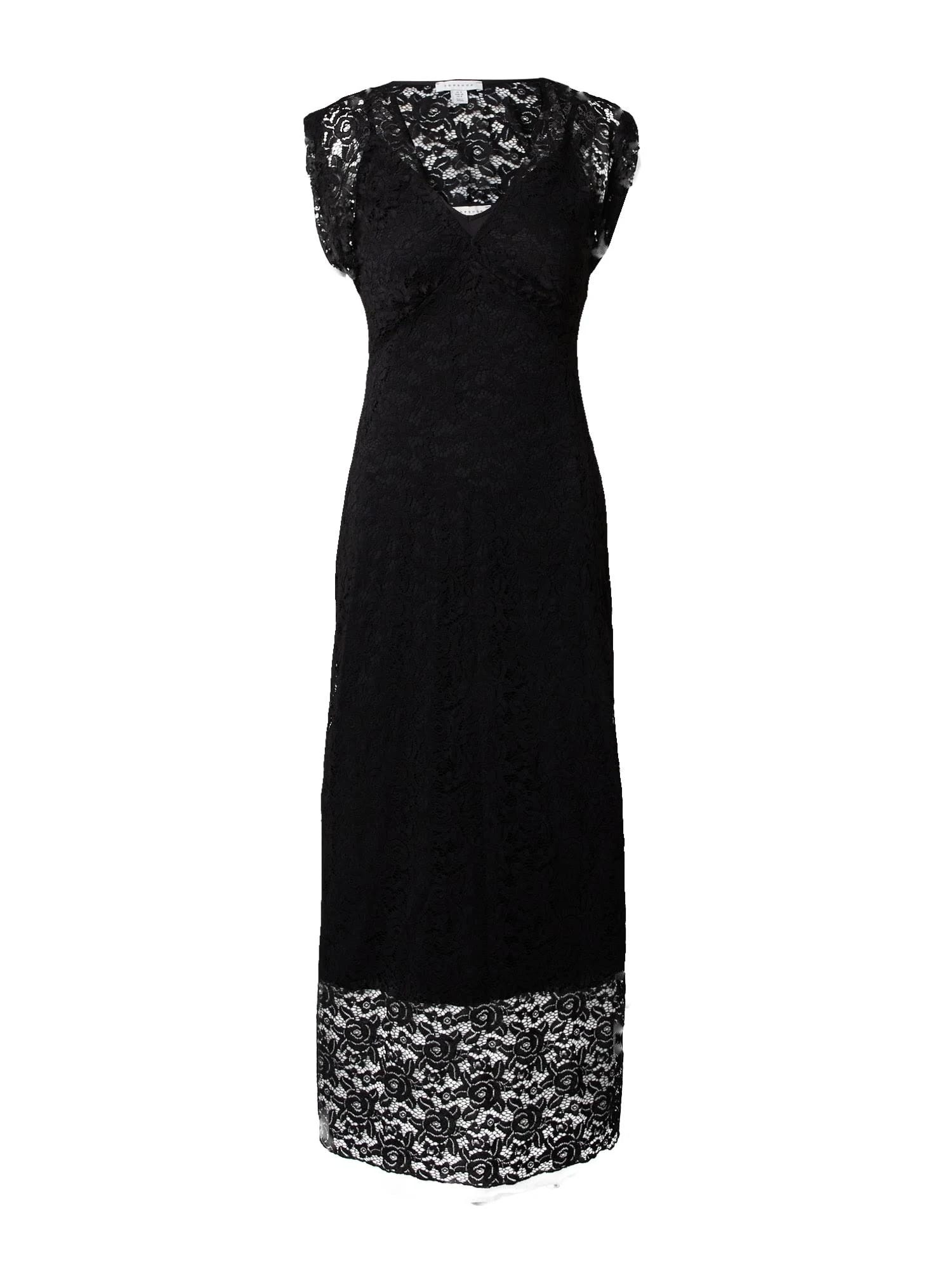 Black Lace V-Neck Cap Sleeve Dress with Elastane Accents | Image