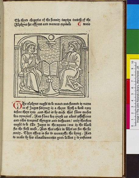 A page from Caxton’s Game of Chess. The top part of the page contains and woodcut engraving with two male figures sat on either side of an open book. The bottom part of the page is printed with text in black ink.