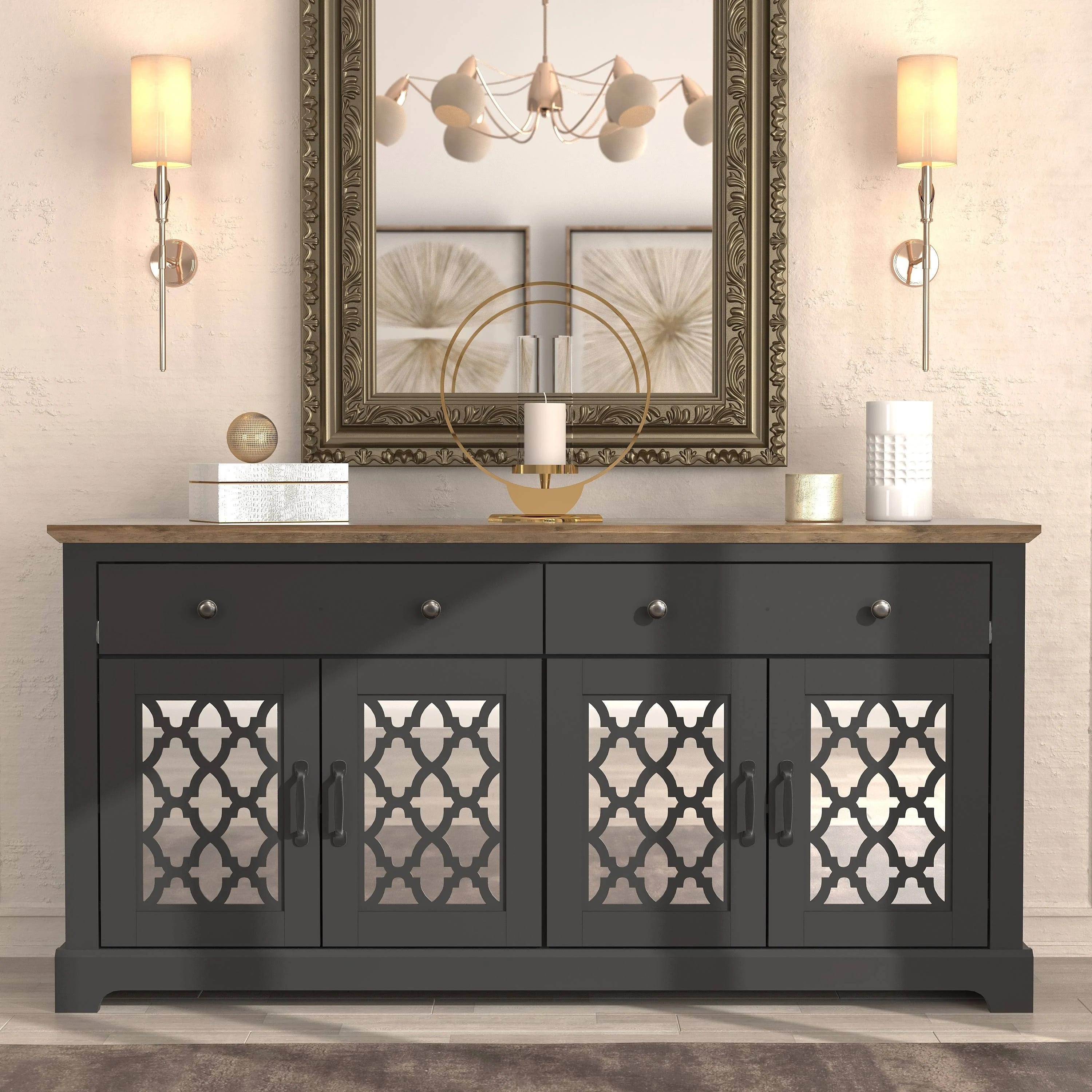 Sleek Black Credenza with Metal Handle and Adjustable Shelves | Image