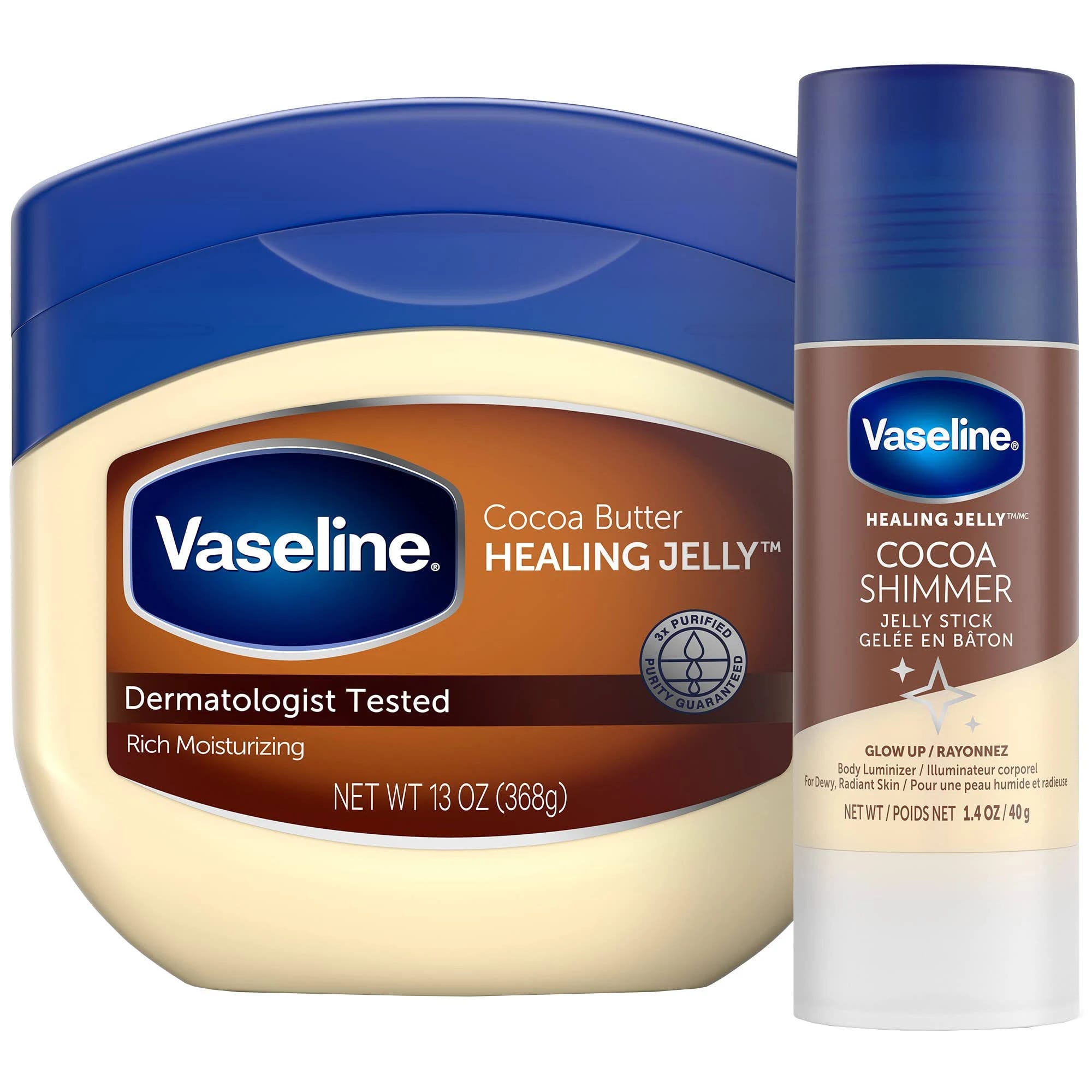 Vaseline Cocoa Butter Healing Jelly & Shimmer Stick Radiant Moisturized Skin Bundle | Image