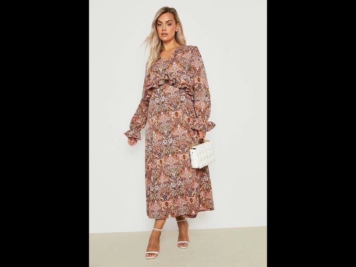 boohoo-plus-paisley-plunge-ruffle-midi-dress-brown-size-23