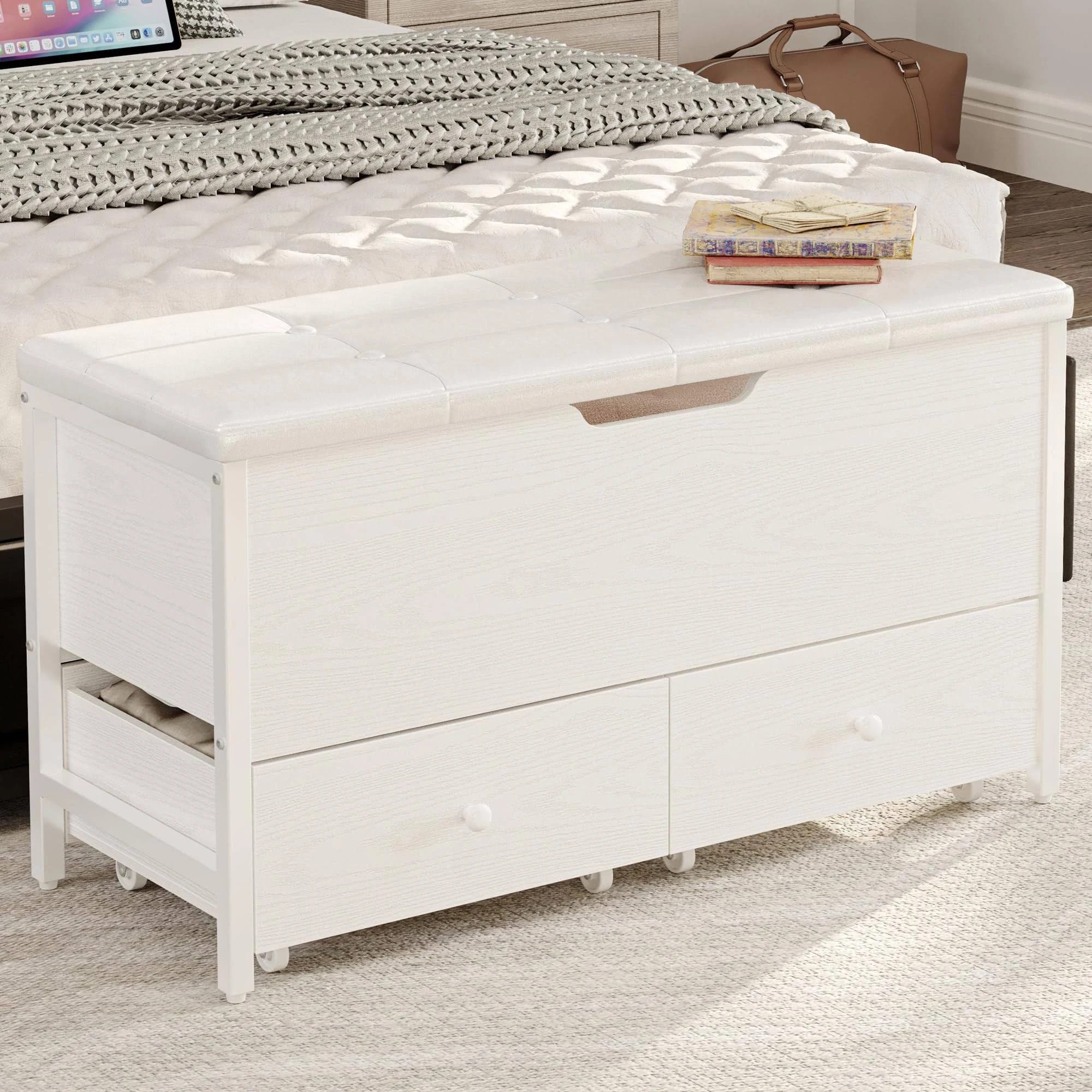 Stylish Wooden Storage Bench with Flip Top Drawers and Seating | Image