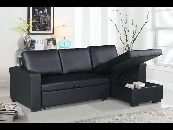 poundex-black-faux-leather-convertible-sectional-sofa-bed-f6890-1