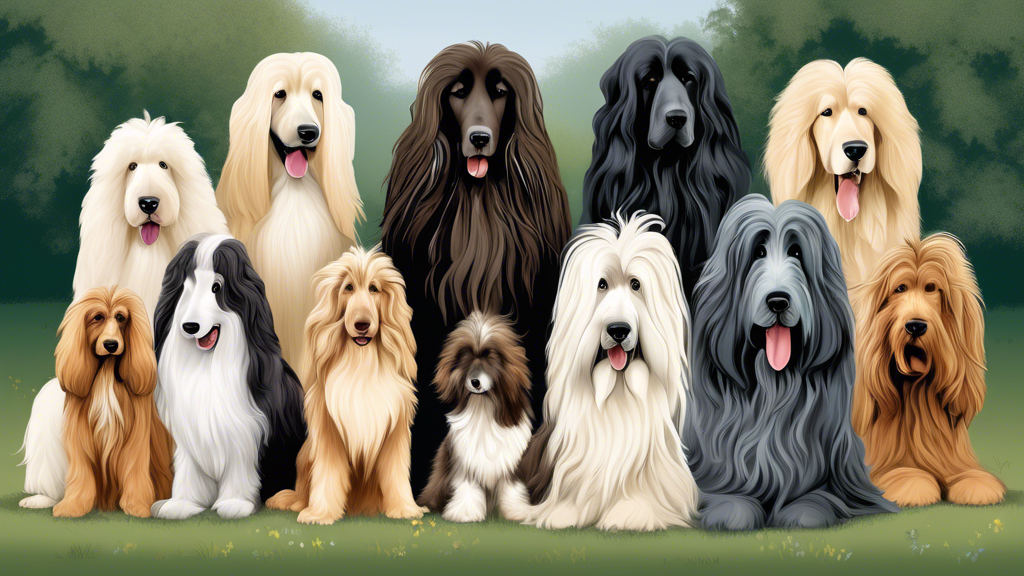 Create an image of five very large long-haired dog breeds. Include breeds like the Afghan Hound, Old English Sheepdog, Leonberger, Newfoundland, and Tibetan Mastiff. Show each breed in a natural outdoor setting, highlighting their unique and luxurious coats.