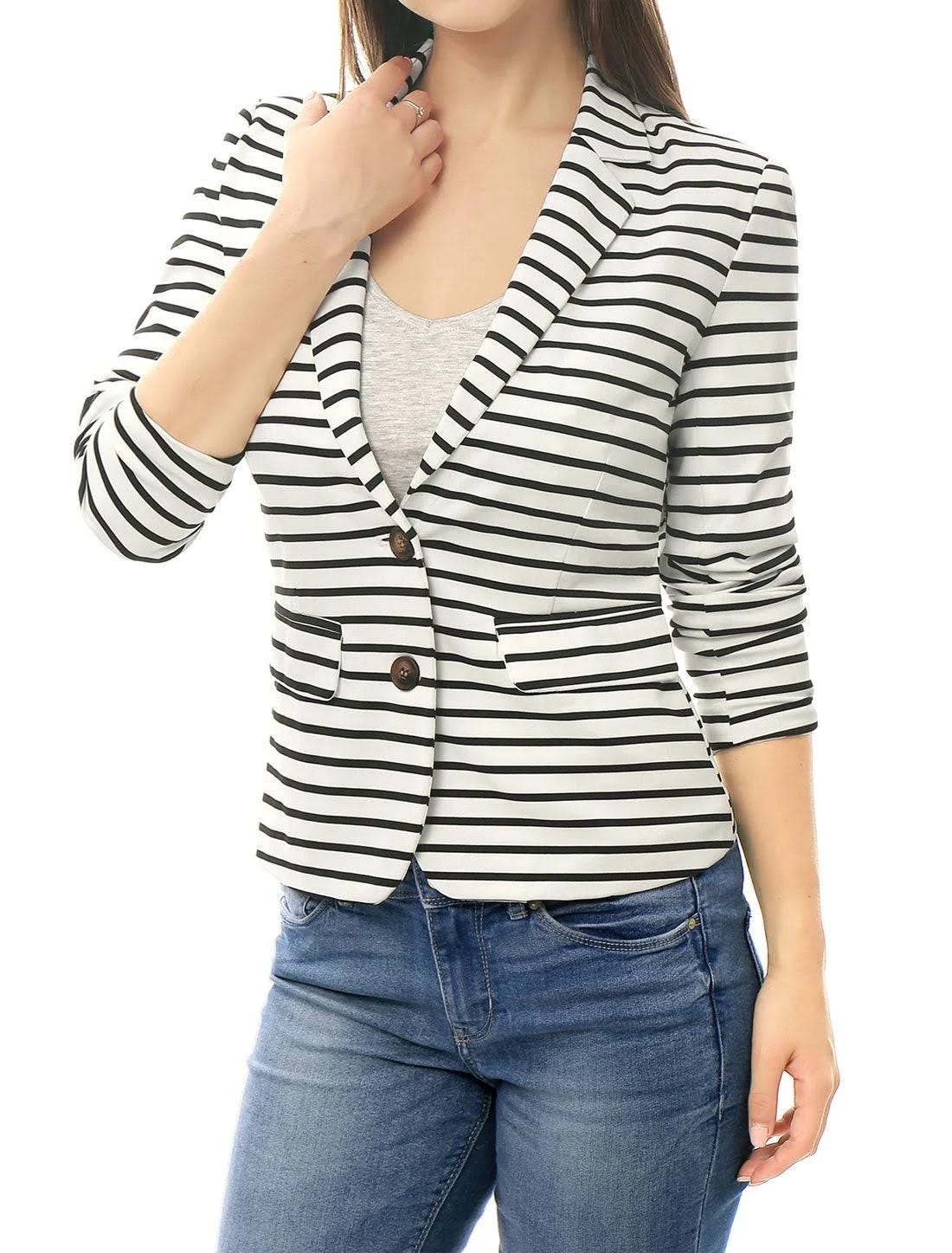 Stylish Women's Striped Button Closure Lapel Blazer | Image