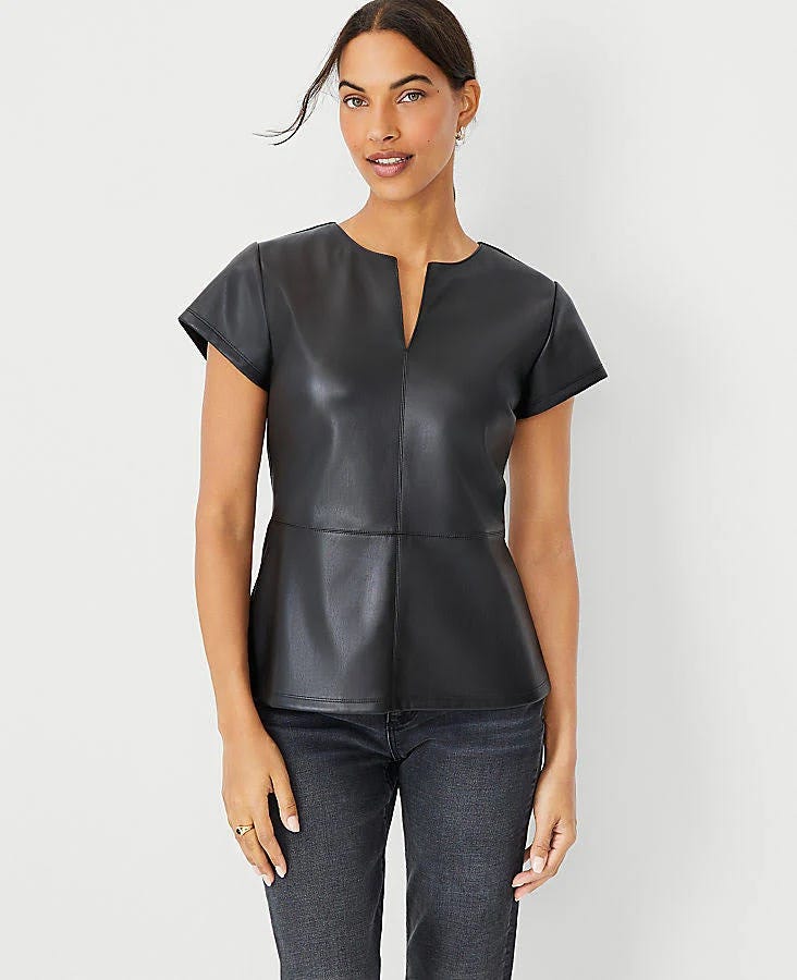 Stylish Faux Leather Split Neck Peplum Top for Women | Image