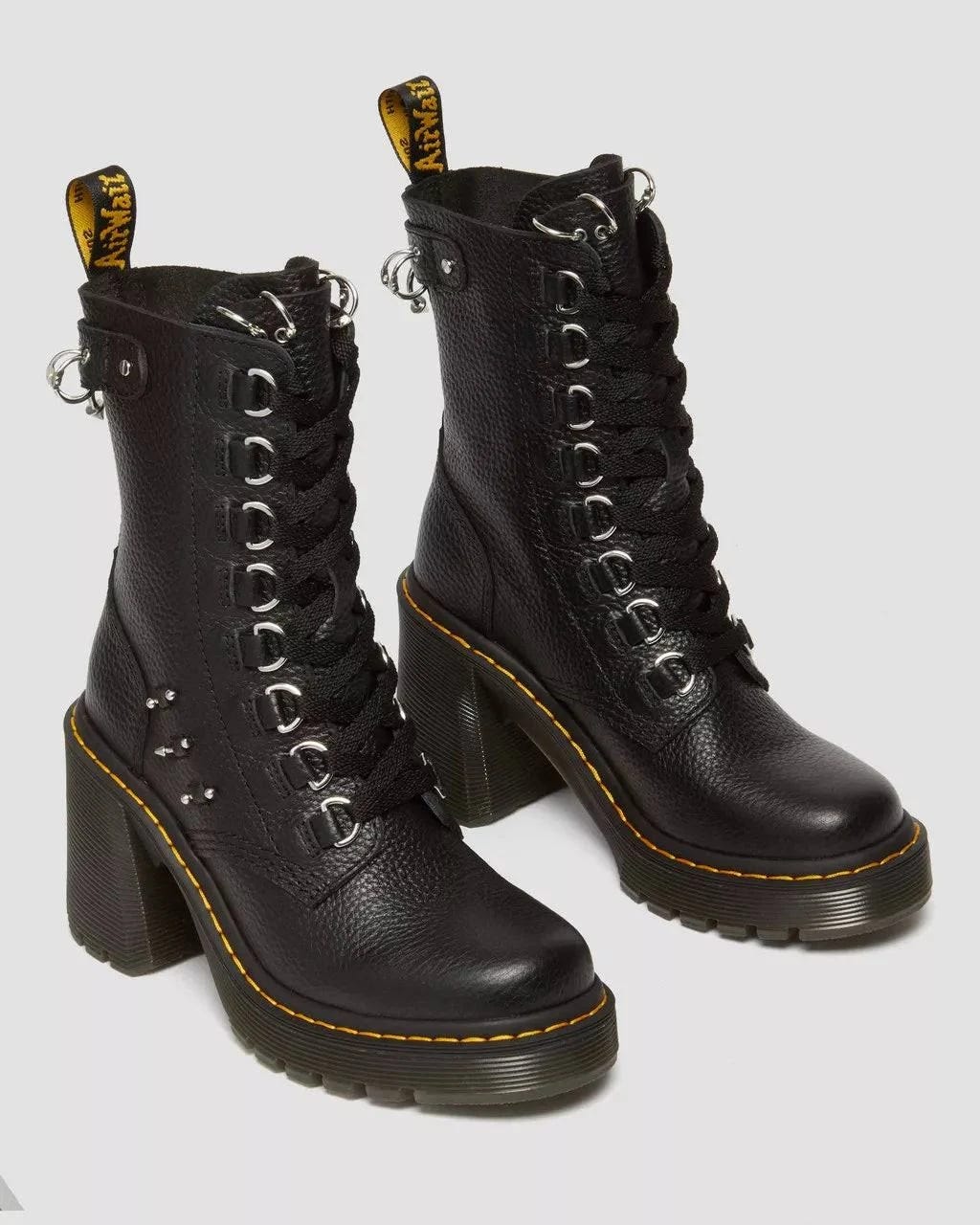 Dr. Martens Women's Chesney Piercing Leather Flared Heel Boots in Black | Image