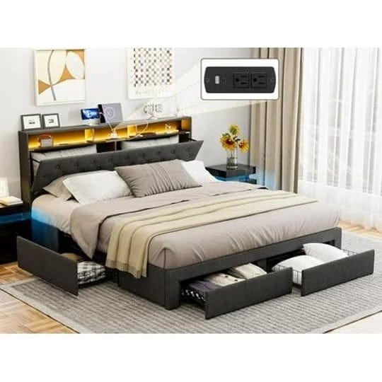 ikifly-king-bed-frame-with-storage-headboard-and-charging-station-upholstered-linen-button-tufted-le-1