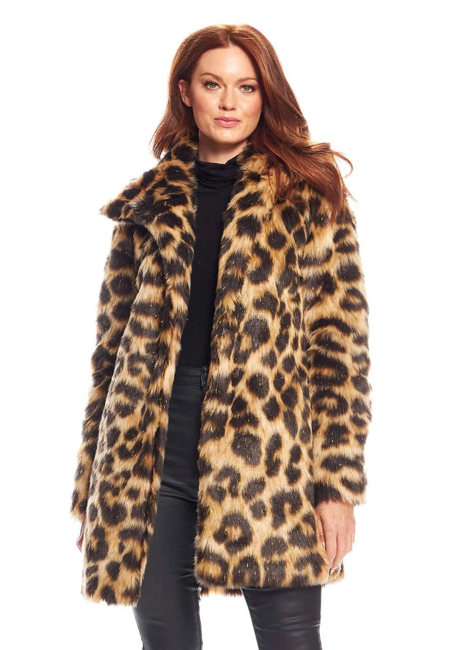 Stylish Acrylic & Polyester Leopard Print Faux Fur Coat | Image
