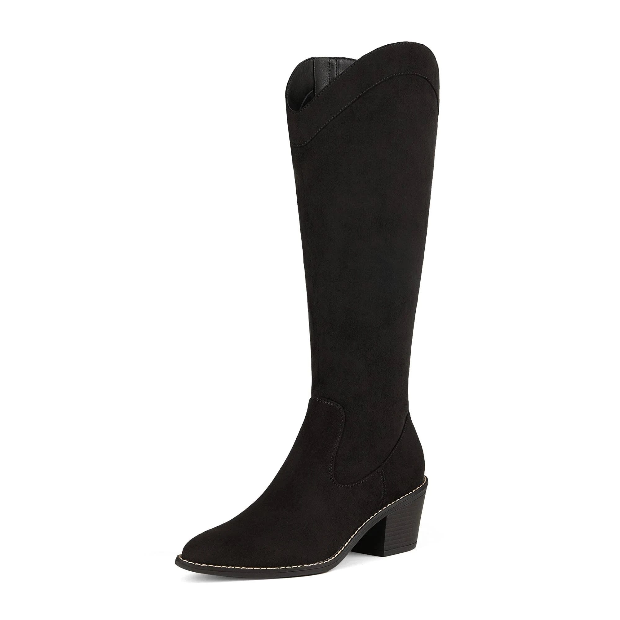 Elegant Pointed-Toe Cowgirl Boots for Women, Knee-High in Black Suede | Image