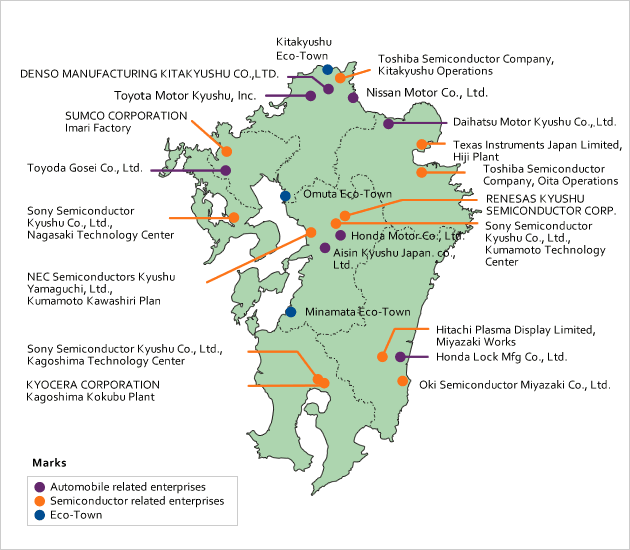 Kyuşu’daki otomobil ve yarı iletken üreticilerinin haritası