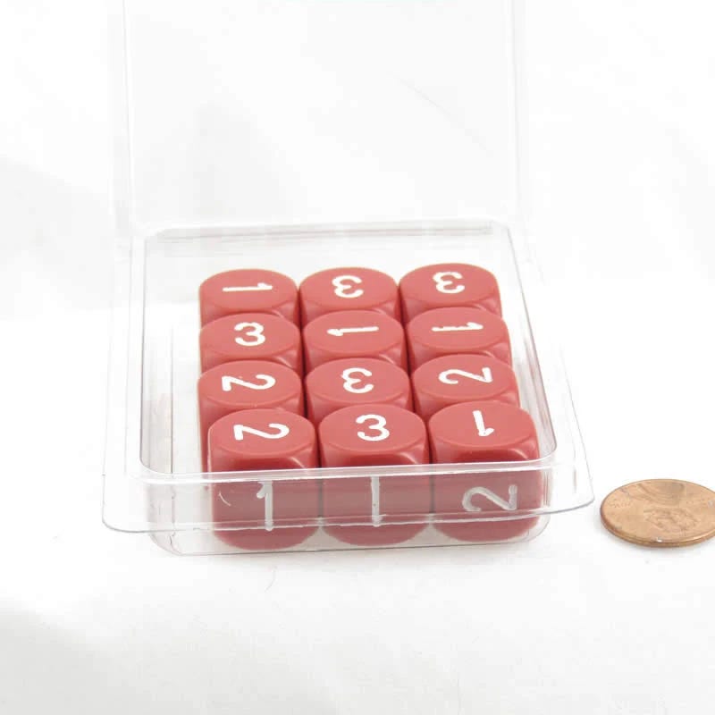 12-Pack 16mm Red and White Opaque Dice (D3, D6 1-3 Twice) | Image