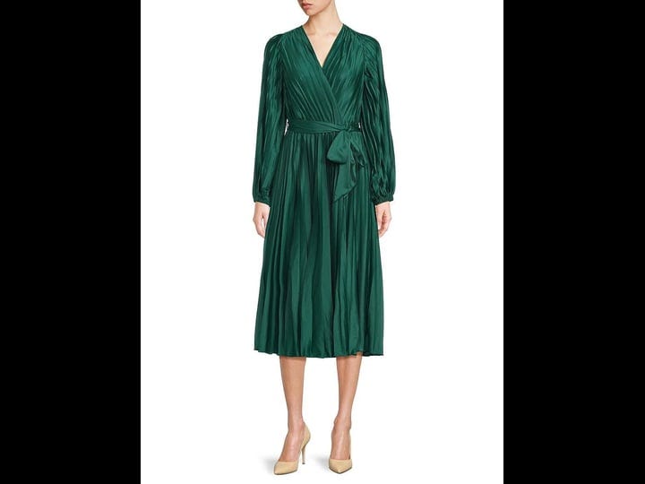 saks-fifth-avenue-womens-pleated-belted-faux-wrap-dress-emerald-size-s-1