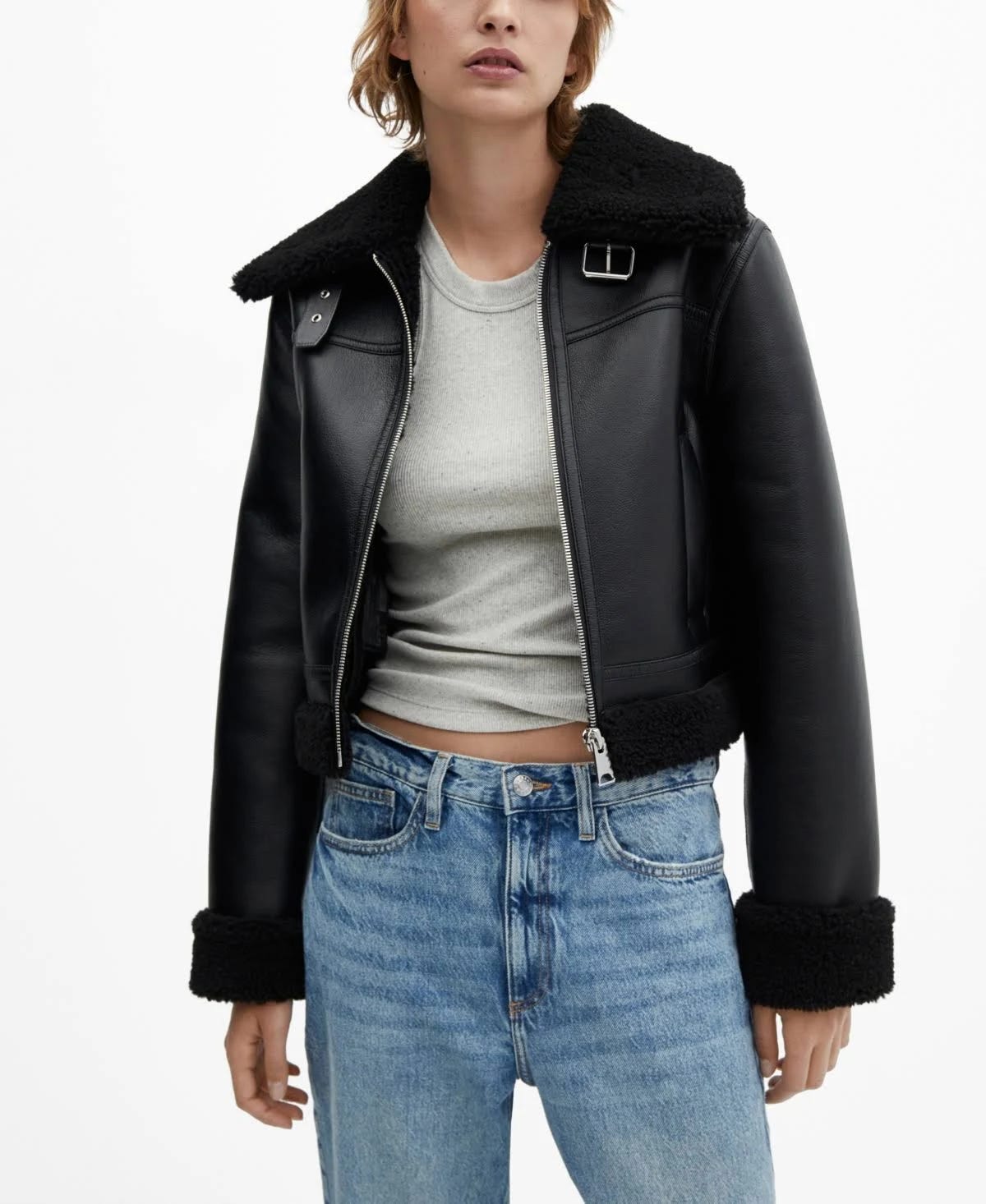 Faux Shearling-Lined Women's Biker Jacket - Black XS | Image