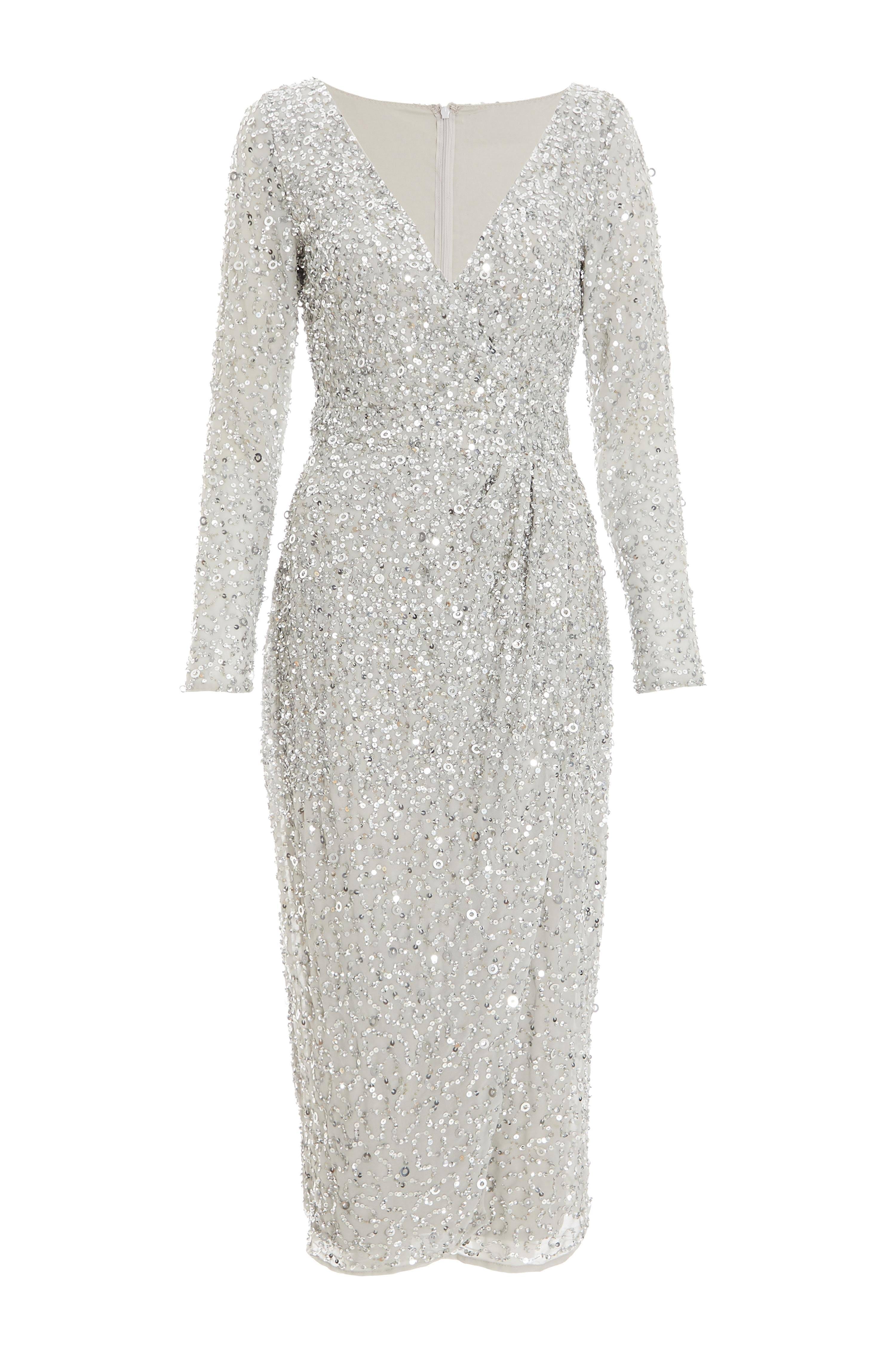 Stunning Long Sleeve Sequin Midi Dress for Formal Occasions - Grey | Image