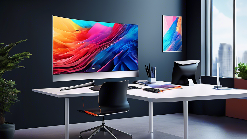 Create an image of a modern office workspace with a sleek Samsung 49-inch CHG90 QLED monitor as the centerpiece, surrounded by other cutting-edge technology and a vibrant, futuristic design aesthetic. The monitor should be displaying crisp, vivid colors and graphics to emphasize its impressive display capabilities in a high-tech environment.