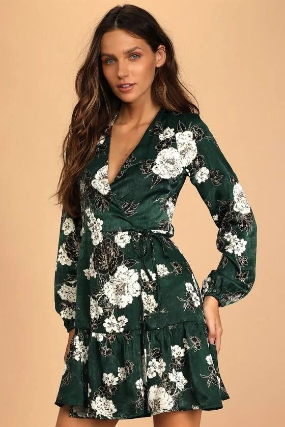 Elegant Dark Green Floral Satin Wrap Dress from Lulus | Image