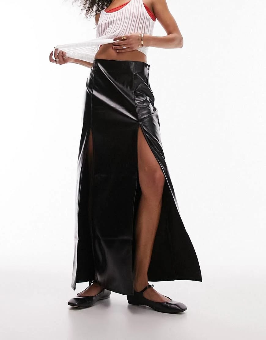 Black Double Slit Faux Leather Maxi Skirt | Image