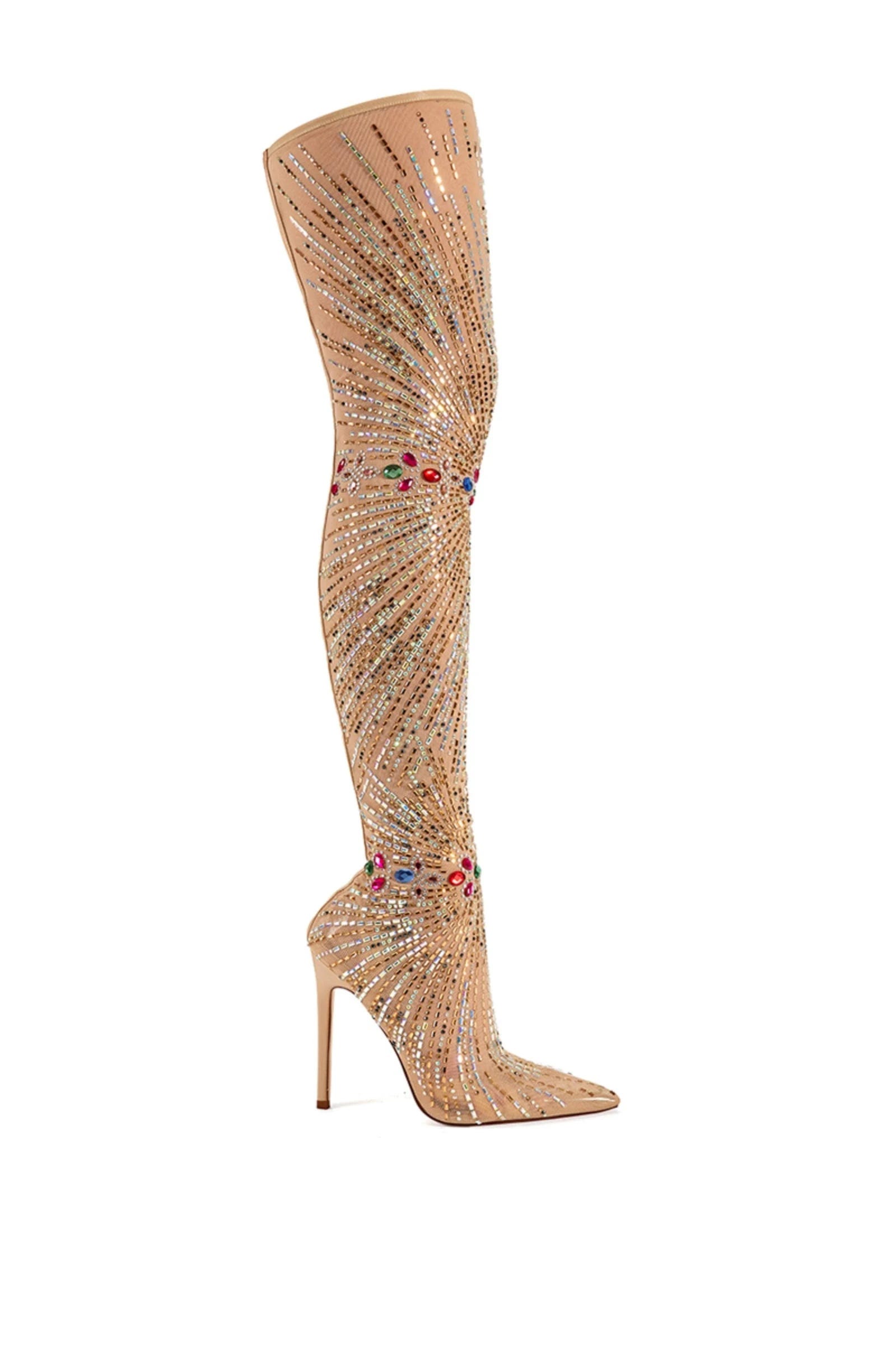 Crystal Rhinestone Thigh-High Dress Boots with Mesh Accents | Image