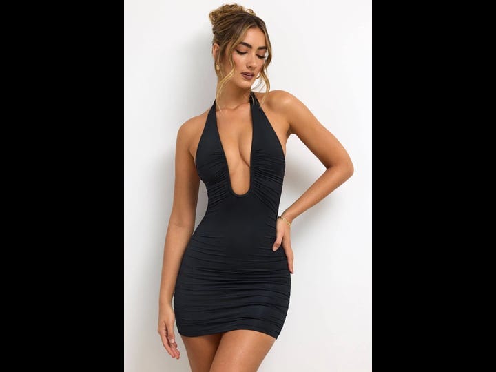 oh-polly-slinky-jersey-plunge-neck-ruched-mini-dress-in-black-13