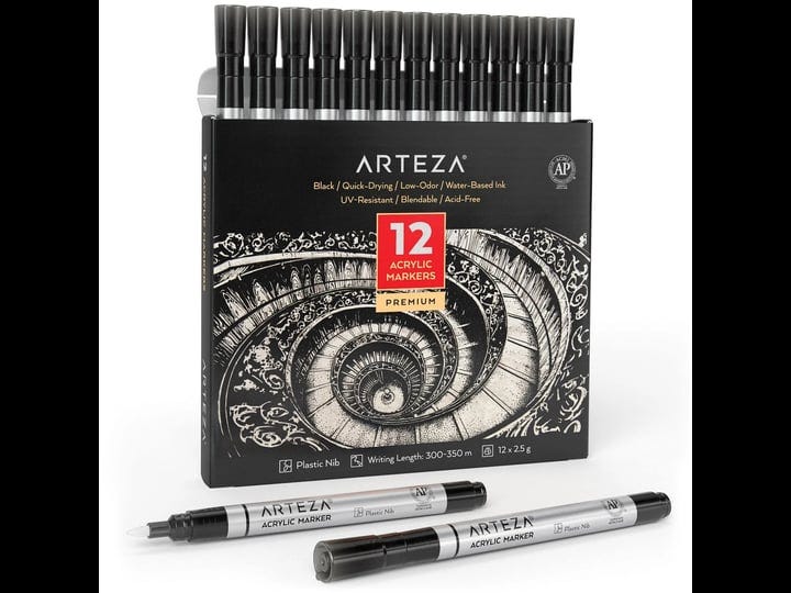 arteza-acrylic-paint-markers-art-supply-set-black-fine-nib-12-piece-1