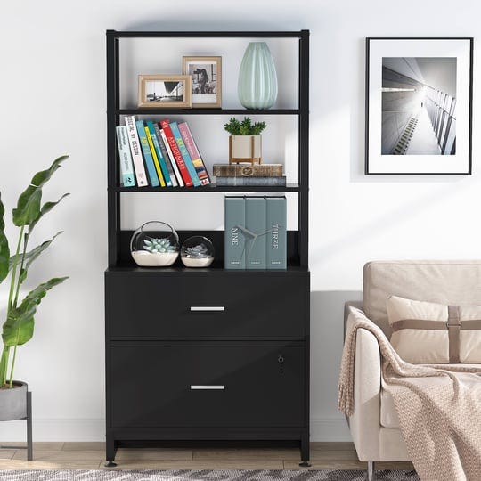 bookshelf-bookcase-with-open-storage-shelves-2-drawer-black-1