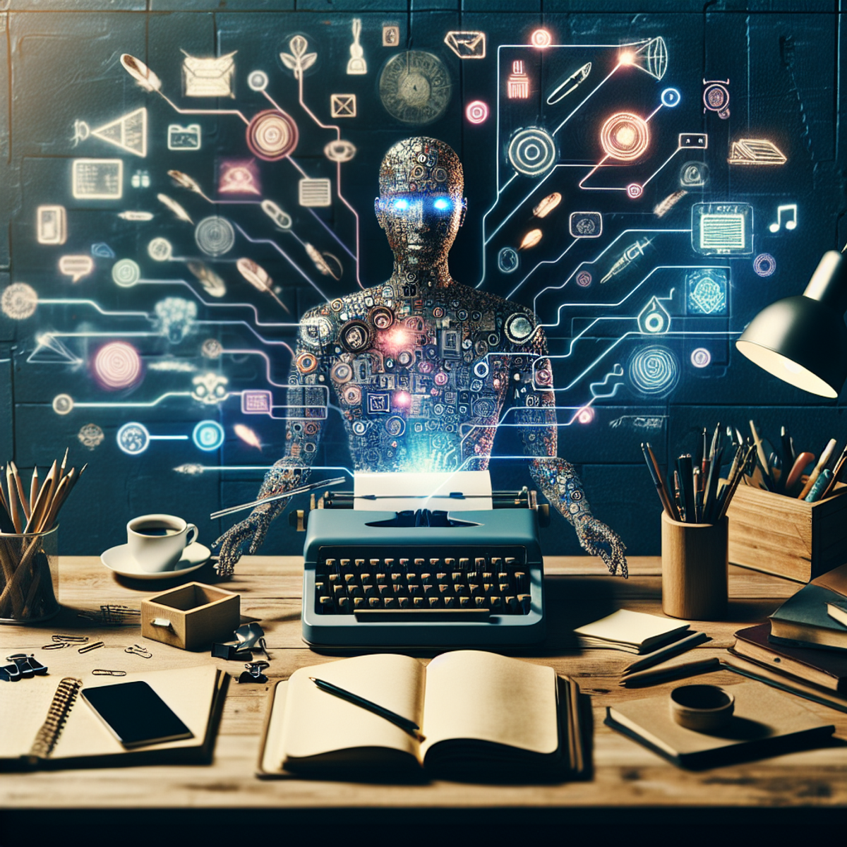 A desk with various stationery items, a typewriter, and a lamp. Above the desk is a futuristic AI assistant surrounded by abstract symbols and elements.