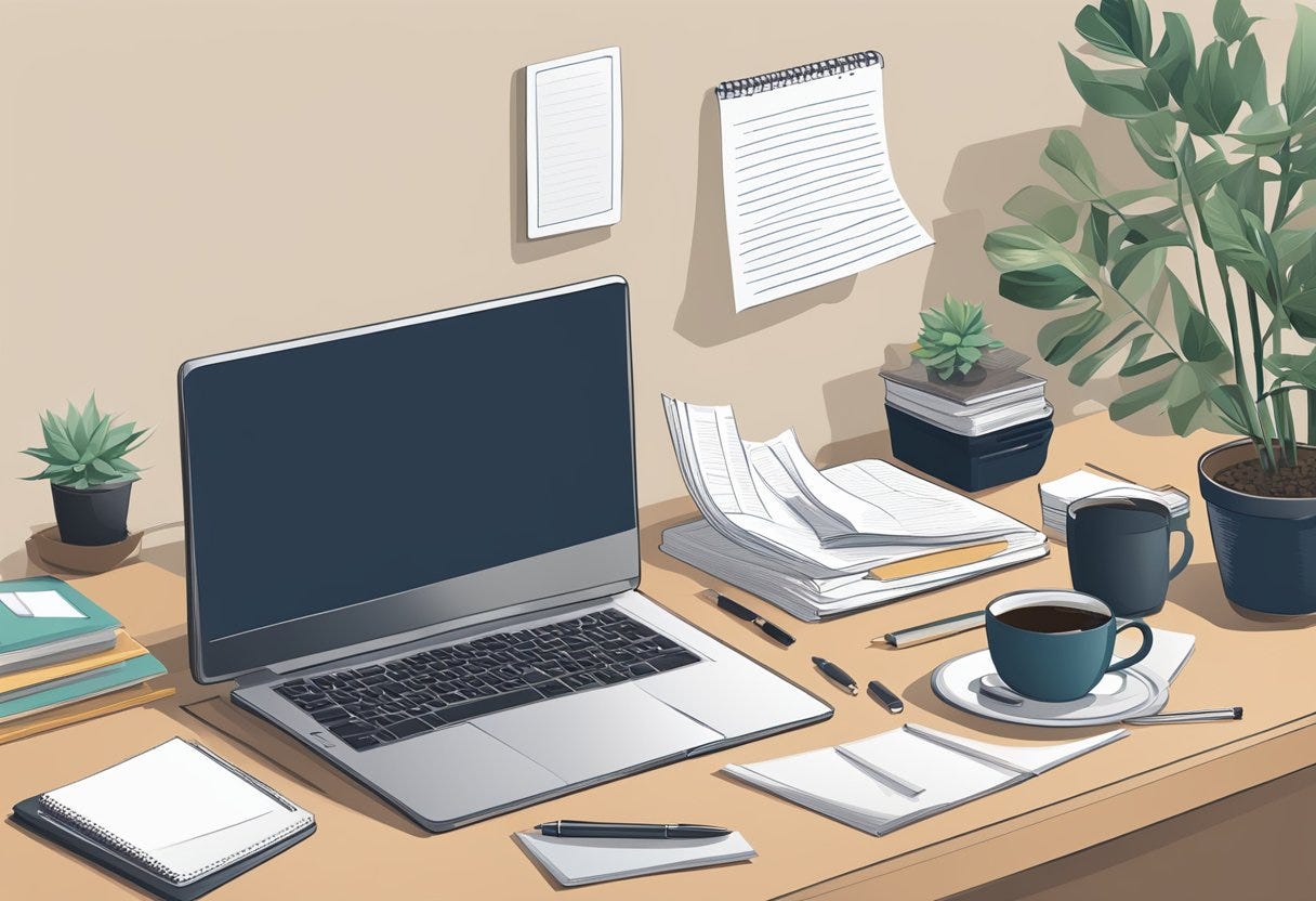 A cluttered desk with a computer, notebook, and scattered papers. A coffee mug and a potted plant sit nearby