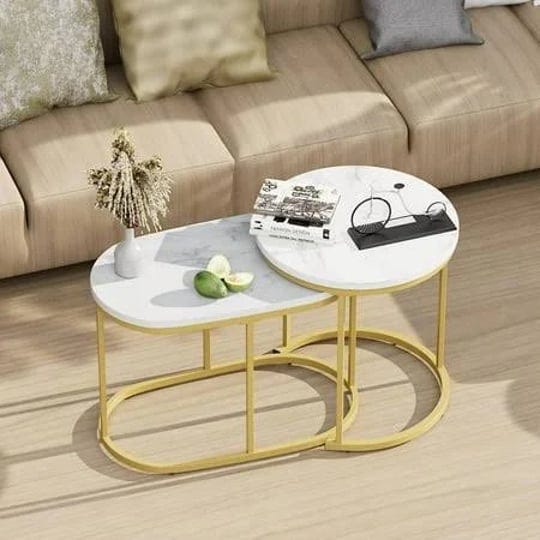 nesting-coffee-table-set-of-2-modern-round-white-marble-wood-tableside-table-gold-metal-frame-oval-e-1