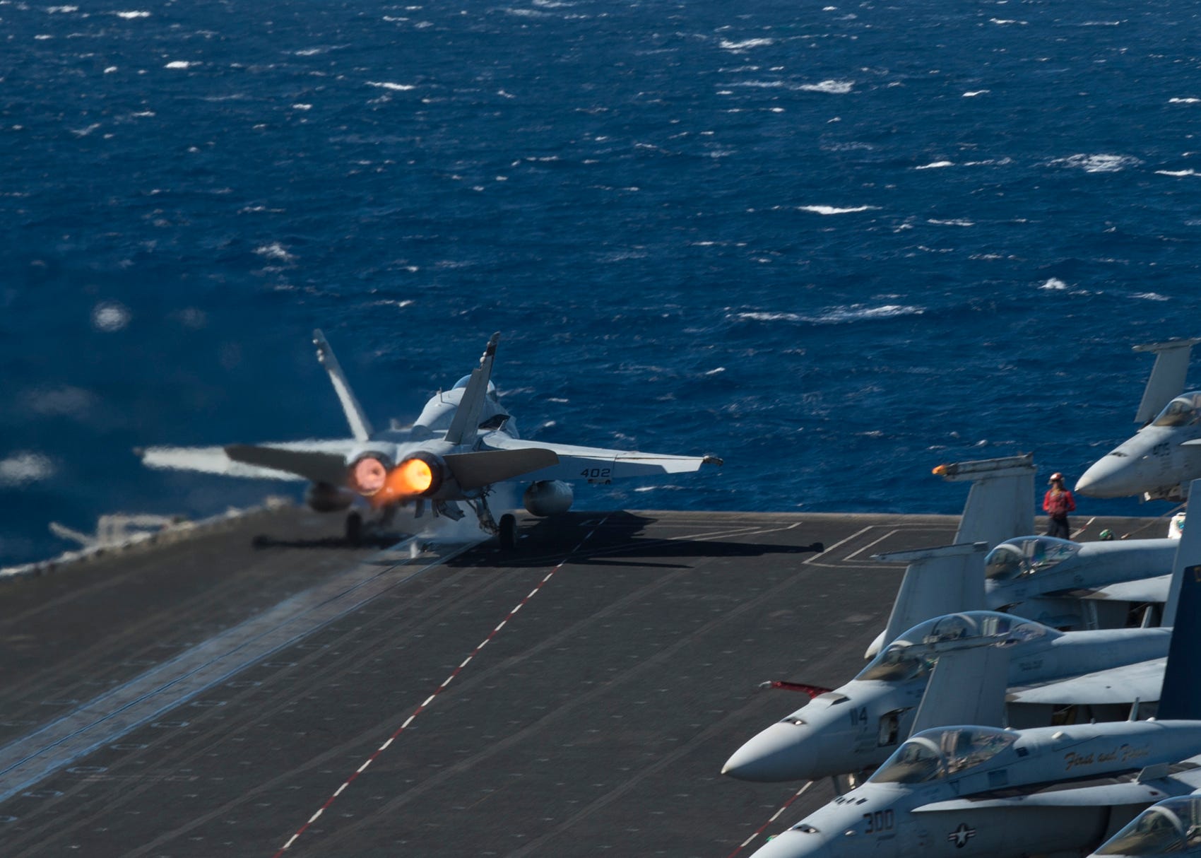 150504-N-KB426-066 INDIAN OCEAN (May 4, 2015) A Strike Fighter Squadron (VFA) 94 “Mighty Shrikes” F/A-18C Hornet launches from the aircraft carrier USS Carl Vinson (CVN 70) flight deck. Carl Vinson and its embarked air wing, Carrier Air Wing (CVW) 17, are deployed to the 7th Fleet area of operations supporting security and stability in the Indo-Asia-Pacific region. (U.S. Navy photo by Mass Communication Specialist 3rd Class James Vazquez/Released)