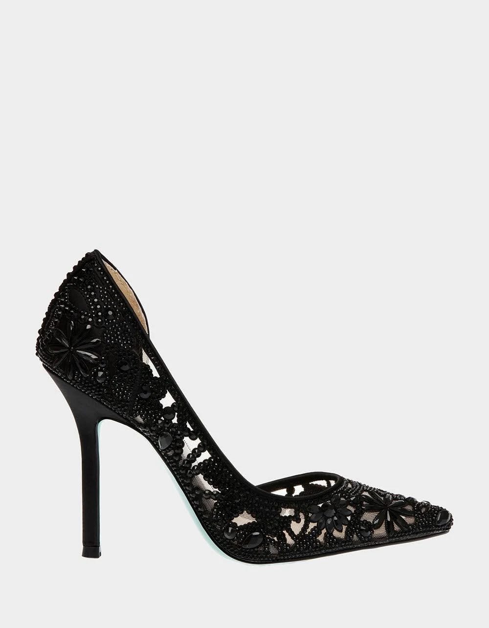 Rhinestone Embellished Stiletto Heel Pumps for Women in Black Satin | Image