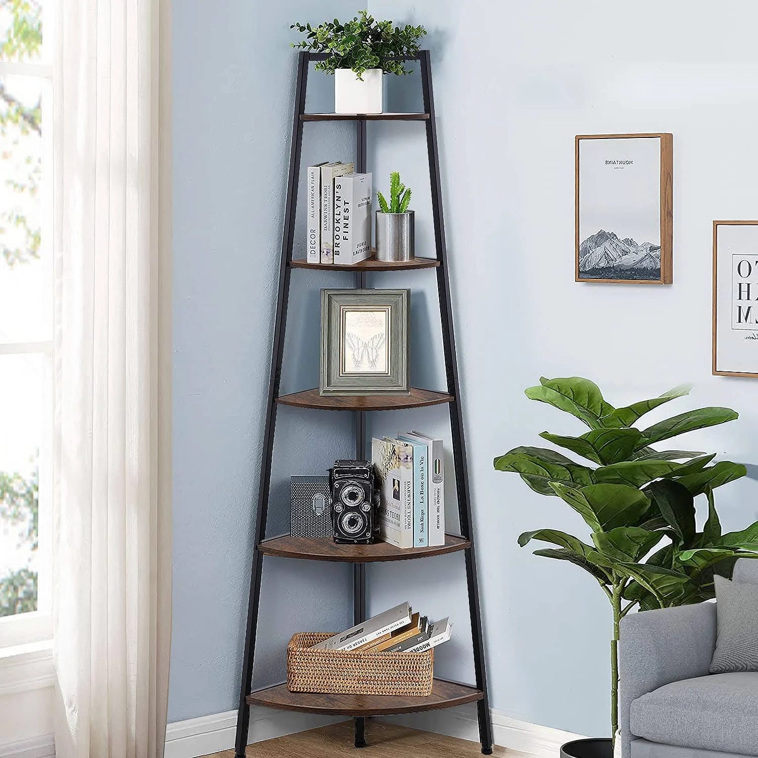 Vintage Industrial 5-Tier Corner Ladder Shelf | Image