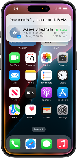 Image displays a notification style interface by Siri, showing the user when their Mom’s flight lands