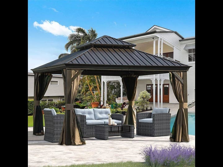 12-ft-x-12-ft-brown-metal-square-screened-gazebo-with-steel-roof-1