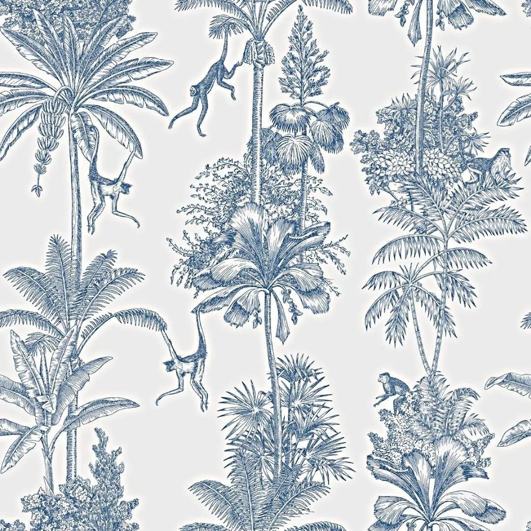 Monkey Troop Blue Toile Wallpaper with Detailed Illustrations | Image