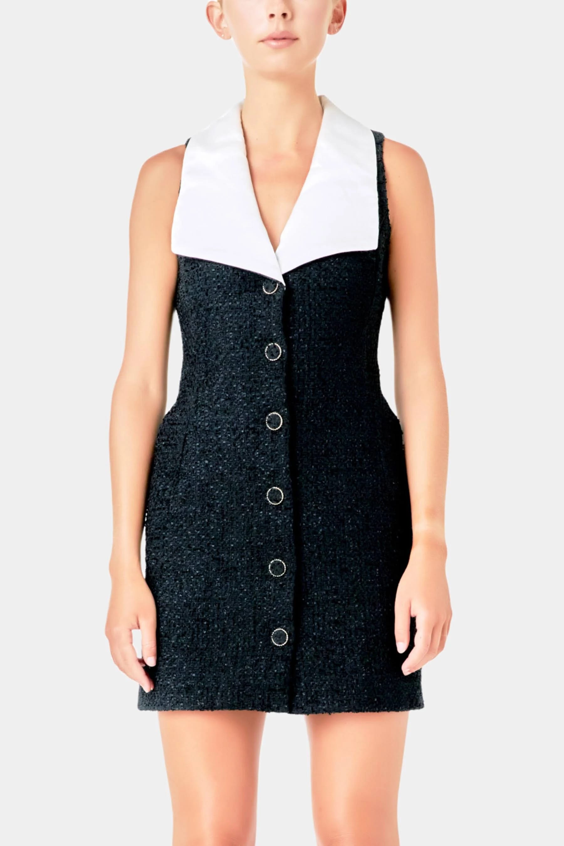 Stylish Sleeveless Tweed Mini Dress in Black Size XS | Image