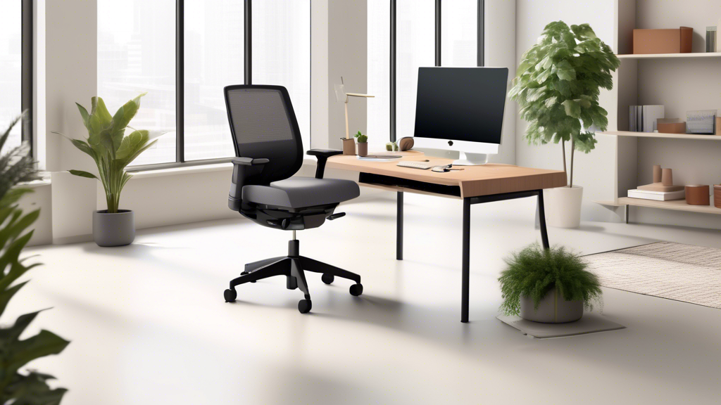 Please generate an image of a cozy and stylish office setup featuring the HON Exposure Mesh Task Chair. The scene should embody a comfortable and professional work environment, with the task chair as the focal point showcasing its ergonomic design and modern aesthetic. The setting should include a sleek desk, a few plants for a touch of nature, and soft lighting to create a warm and inviting atmosphere.