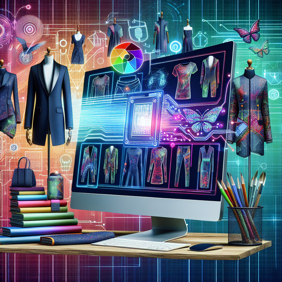 A fashion designer's portfolio displayed on a modern computer screen, with vibrant garment interpretations on one side and AI-generated clothing ideas in visual patterns, colors, and symbols on the other.