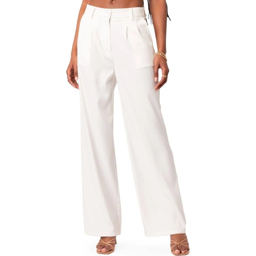 Elegant High Rise White Tailored Pants with Pleated High Waist | Image