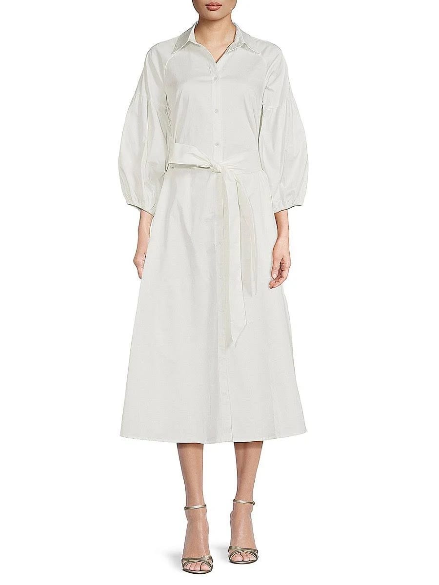 Relaxed Long Sleeve Midi Shirt Dress in Ivory | Image