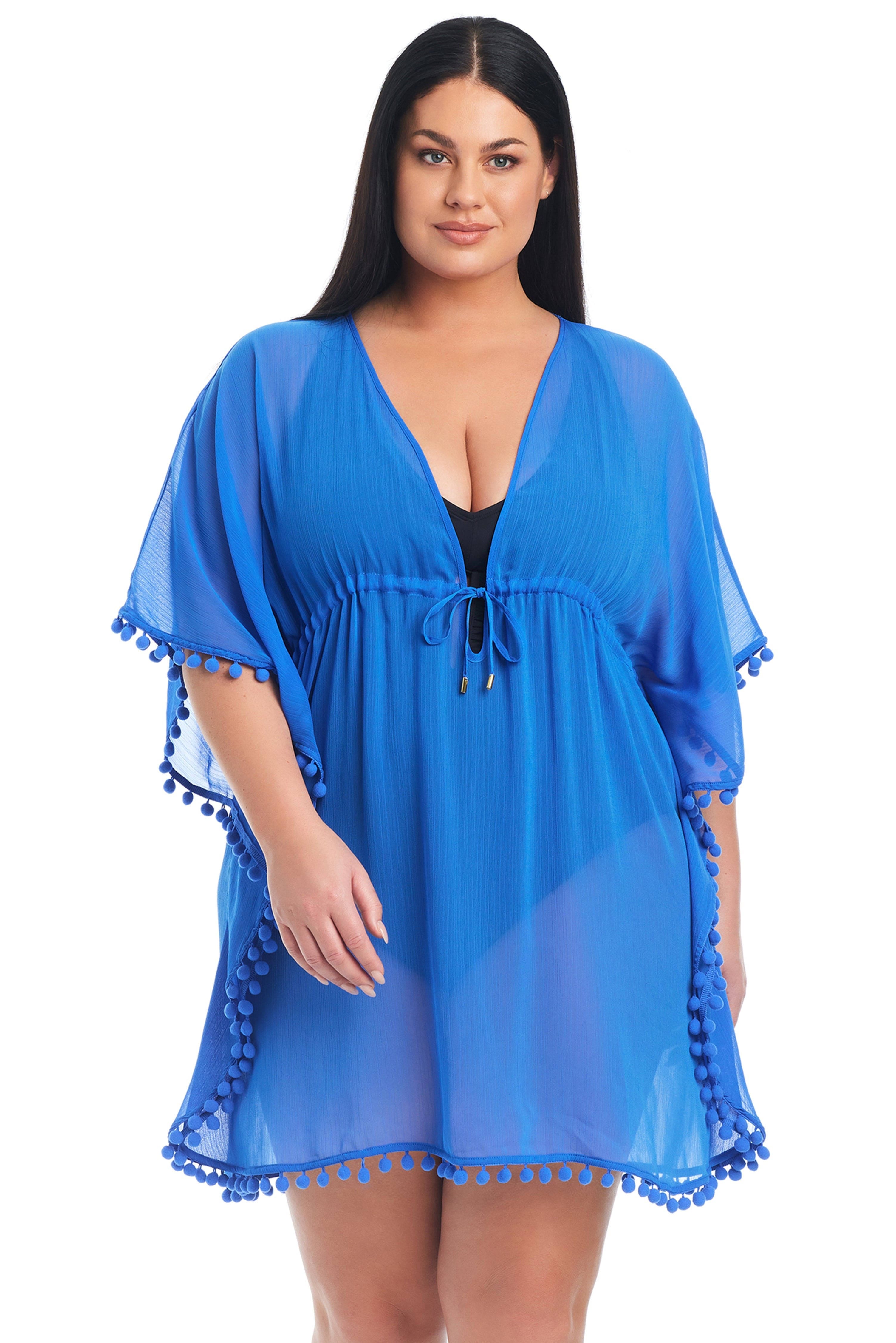 Chic Bleu Rod Beattie Plus Size Swim Cover-Up with Pom Poms | Image