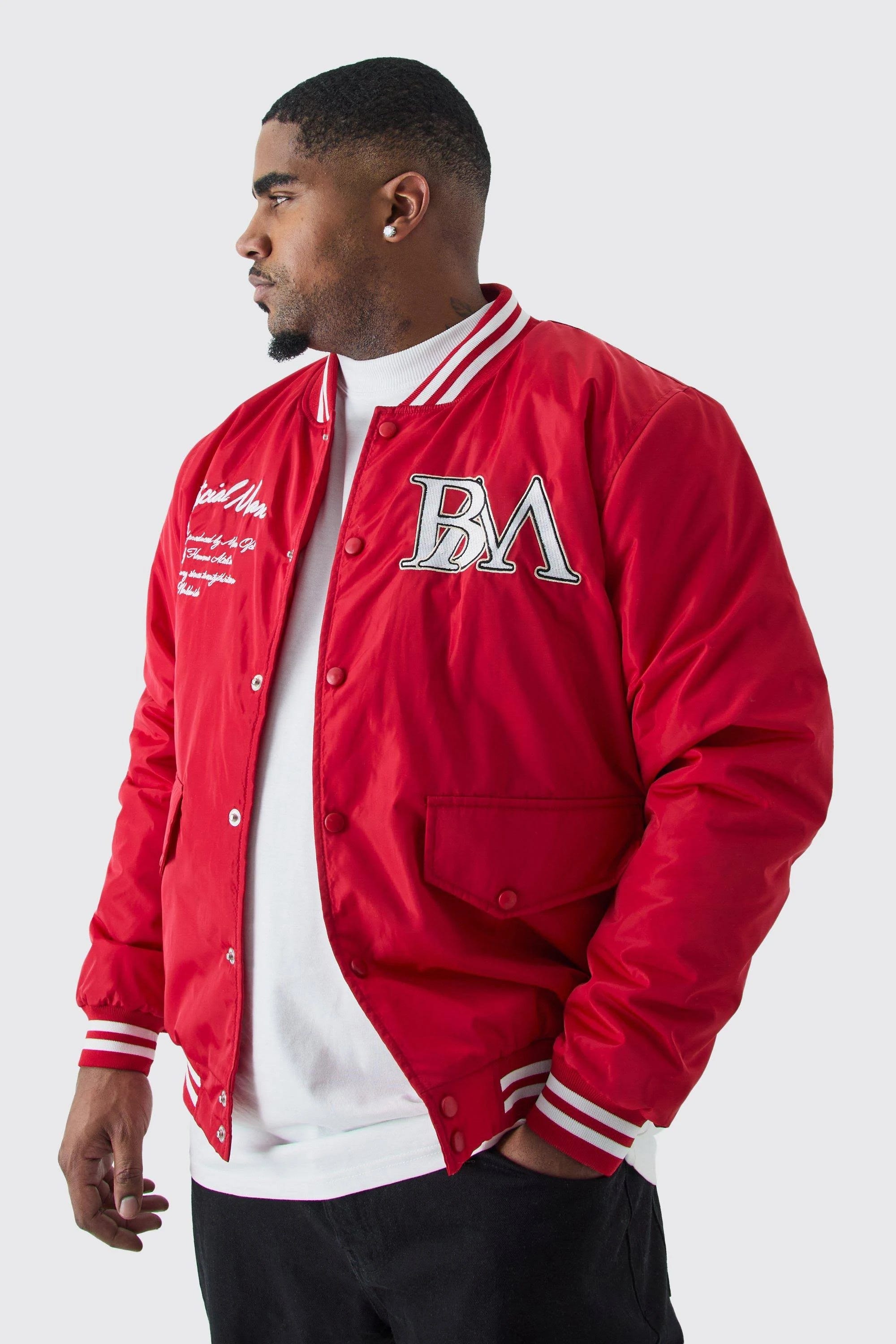 BoohooMAN Plus Size Men's Red Varsity Jacket | Image