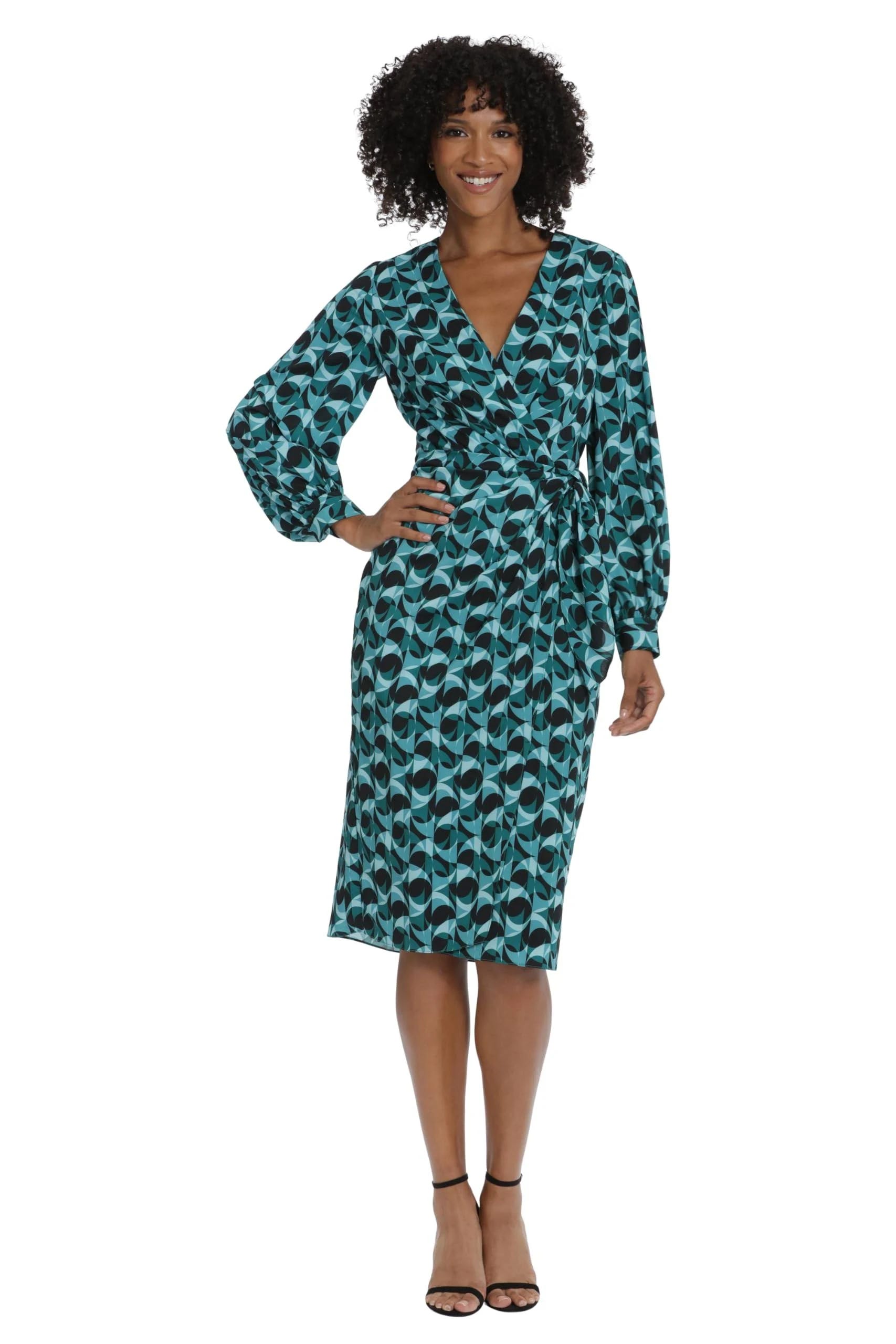 Long Sleeve, V-Neck Wrap Tie Dress for Work | Image