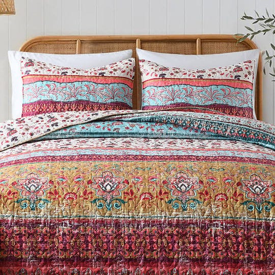 boho-style-queen-quilt-set-reversible-bohemian-floral-strip-quilt-beddding-set-1